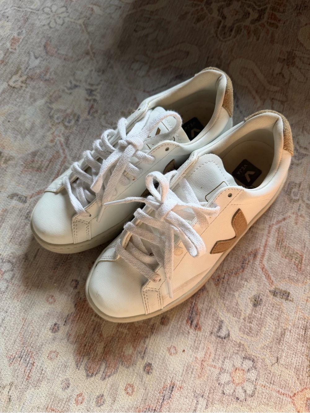Veja Women Leather Sneakers in White with Tan Accents
